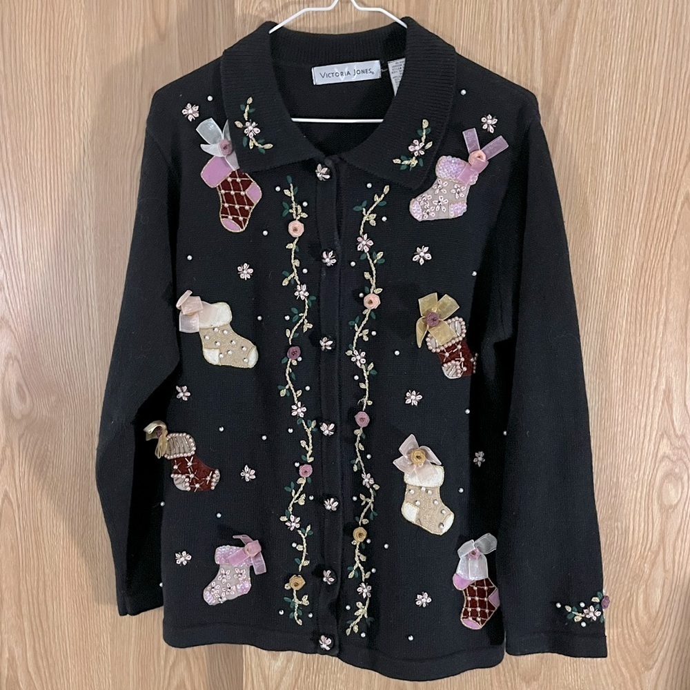 🎄 Gorgeous Vintage Christmas Sweater Embroidered Sequins Ribbons Pearls